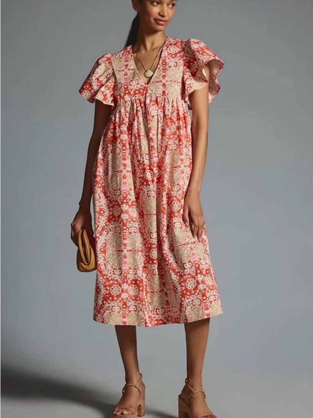 Anthropologie - Maeve Coral and Cream Floral Midi Dress (3X)